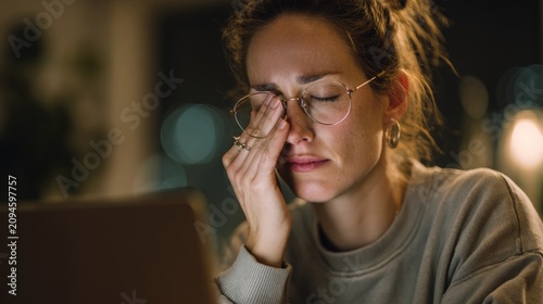 Woman in sweater sitting at desk with laptop, rubbing her eye, likely tired and stressed late at night in indoor setting