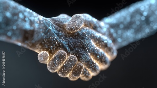 Digital hands shake on transparent background
