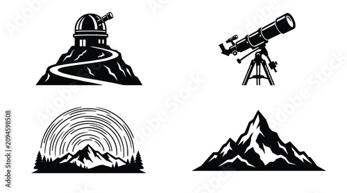 Schilderij op canvas Astronomical Observatory And Mountain Silhouettes On White Background