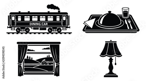 Bild auf Leinwand Train Dining Car Table Setting And Lamp Silhouettes On White