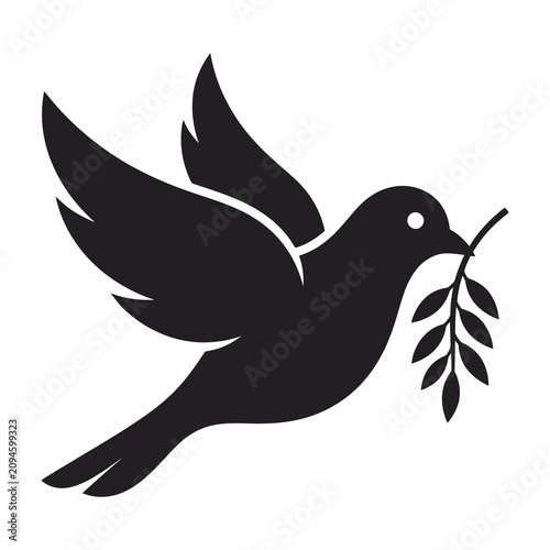 Bild auf Leinwand Black silhouette dove holding olive branch in beak symbolizing peace