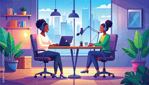 Two women collaborating at a modern office desk.