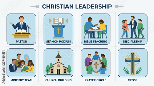 Christian Leadership and Church Ministry Flat Icons Set in Blue Minimal Style, Vector Illustration