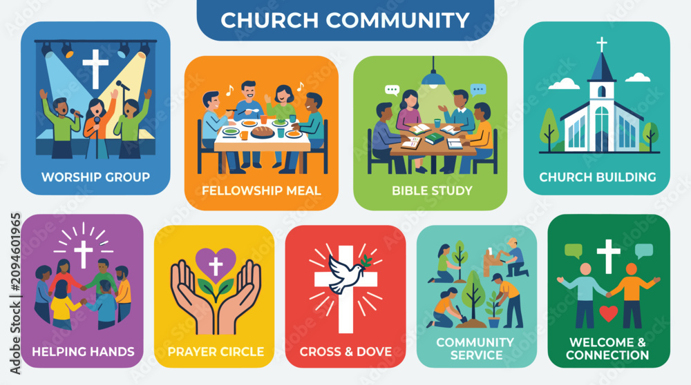 Fototapeta premium Bright Christian Church Community and Fellowship Flat Icon Set Vector Illustration with Colorful Rounded Square Design