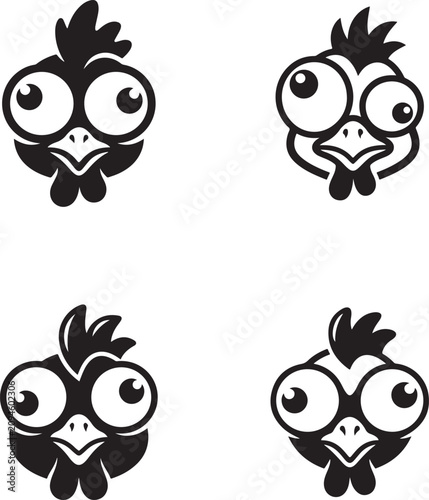 Funny Goofy Cartoon Chicken Face Black Silhouette Logo Minimalist Vector Mascot Icon for Farm Branding Projects