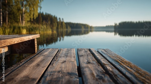 View of wooden dock by still lake surrounded by trees in early morning light