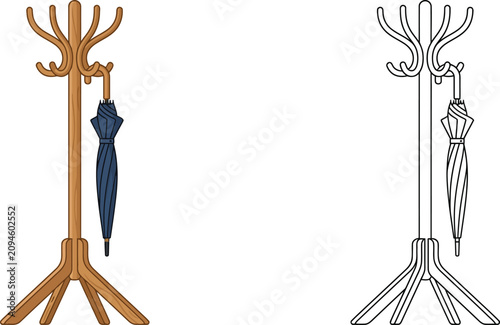 фотографія Wooden coat rack with hanging umbrella vector illustration and outline set for d
