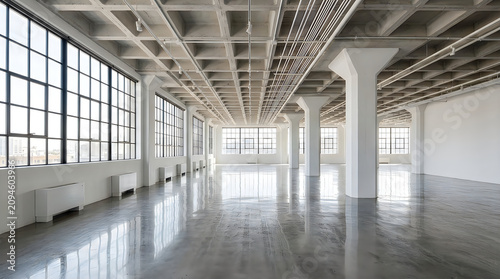Large empty industrial warehouse interior with windows and concrete floor