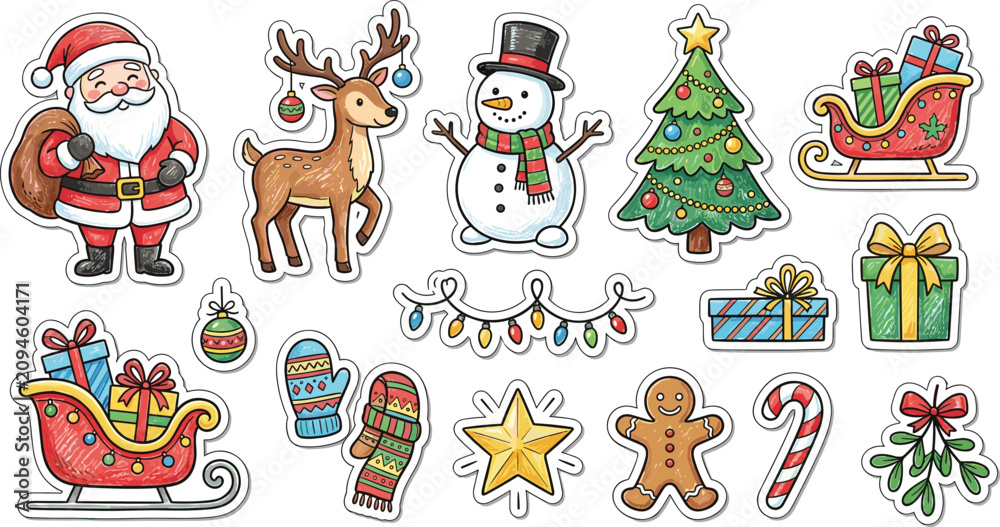 Fototapeta premium Cute Christmas stickers vector set featuring Santa Claus reindeer snowman tree gingerbread man and sleigh