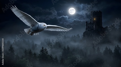 Majestic owl flying over misty forest with full moon and castle