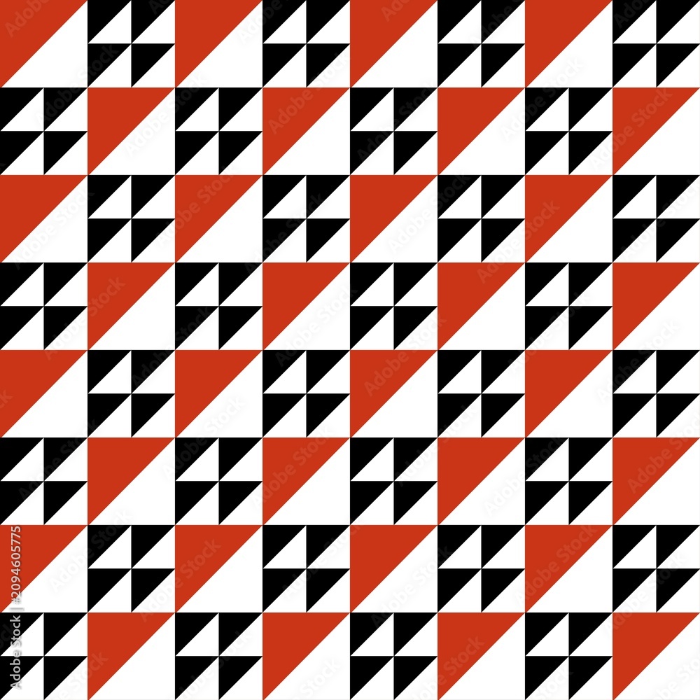 Obraz premium Modern geometric seamless pattern with red, black, and white triangles.