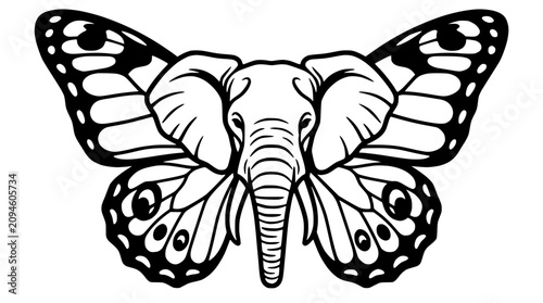 Tableau sur toile Surreal Elephant Butterfly Hybrid Creature, Fantasy Animal Illustration, Black a