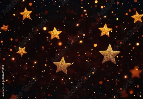 golden glitter stars with warm bokeh lights on a dark background conveying a festive, sparkling, joyful atmosphere
