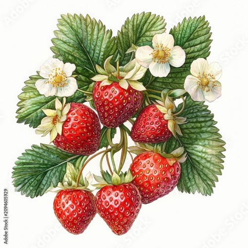 Lush cluster of ripe red strawberries with glossy seeds, green serrated leaves and delicate white blossoms, evoking freshness and abundant summer harvest