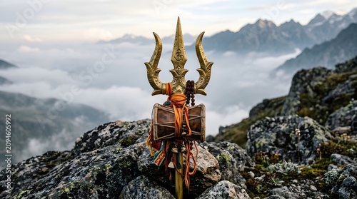 Traditional trident statue on rocky mountain with misty valley view