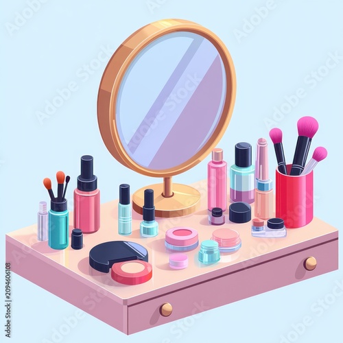 cheerful pastel vanity with round gold mirror, assorted makeup bottles, jars, compacts and pink brushes on a drawered dressing table