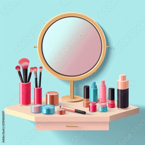 bright cheerful vanity scene with round tabletop mirror, makeup brushes in holders, compacts, lipsticks, bottles and applicators on a floating shelf, playful and inviting