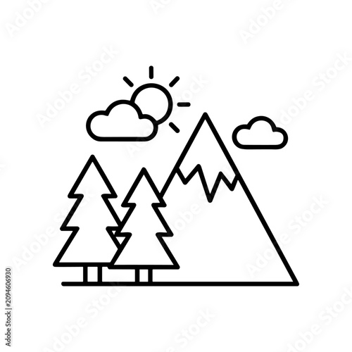 Black line drawing of pine trees.
