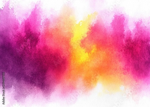 vibrant watercolor wash in magenta, pink, purple and glowing orange-yellow on textured paper with soft blended edges and white margins, evoking warmth and dreamy energy