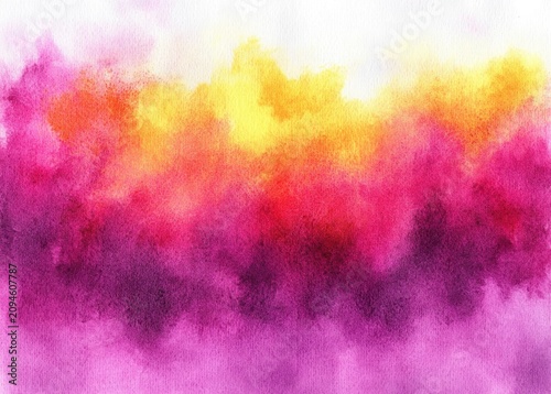 vibrant watercolor wash of magenta, purple and golden yellow clouds on textured paper, warm energetic and dreamy abstract background