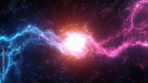 Converging blue and pink electric plasma streams colliding into a brilliant white core with orange glow, particles and starfield in a dramatic intense cosmic burst