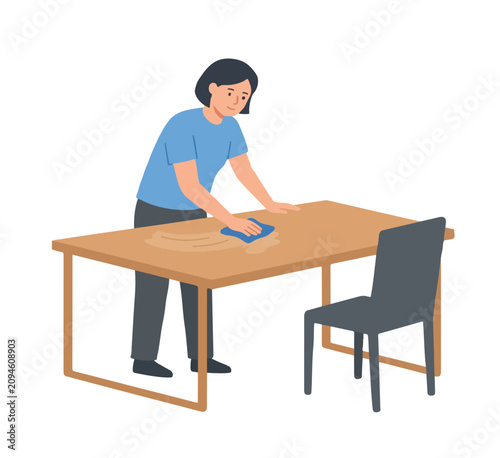 Flat vector artwork featuring a person wiping a dining table with a cleaning cloth, minimal details, no outline, white background.