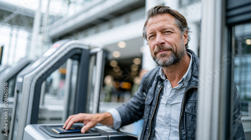 Photorealistic premium commercial stock photography of a traveler using a self-service automated passport e-gate at a bright modern international airport, placing passport on the r