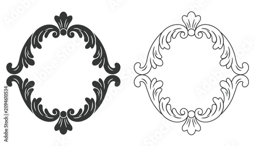 Foto Frame Baroque Ornamental Round Set with Antique Rococo Style Black and White Dec