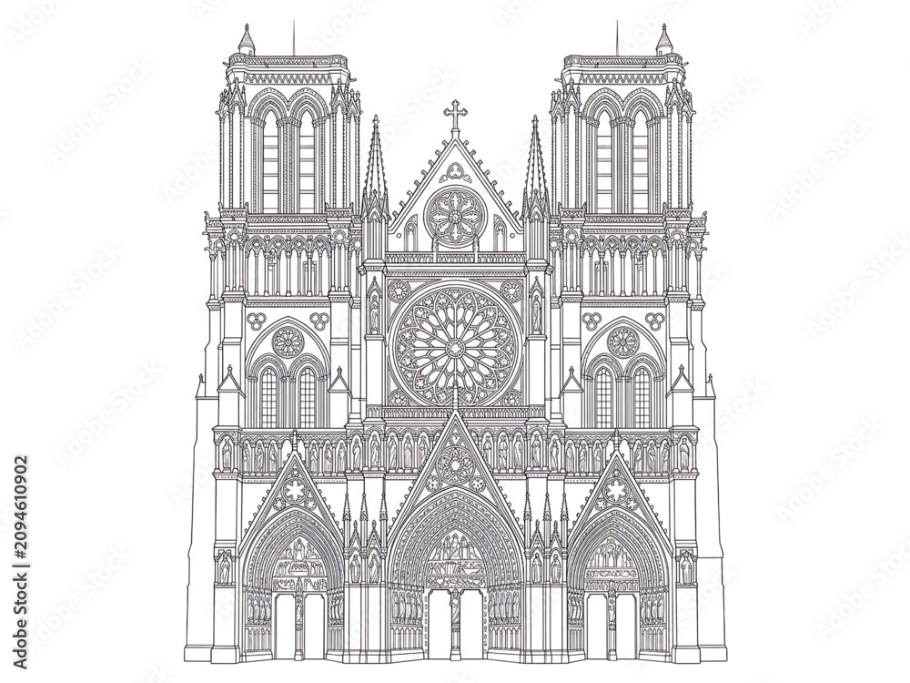 Obraz premium Gothic Cathedral Facade Line Art – Detailed Religious Architecture Vector Illustration 