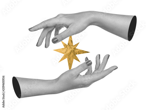 Surreal art collage with human hands holding a golden star on transparent background. Concept of hope, success, inspiration, creative power and making dreams come true