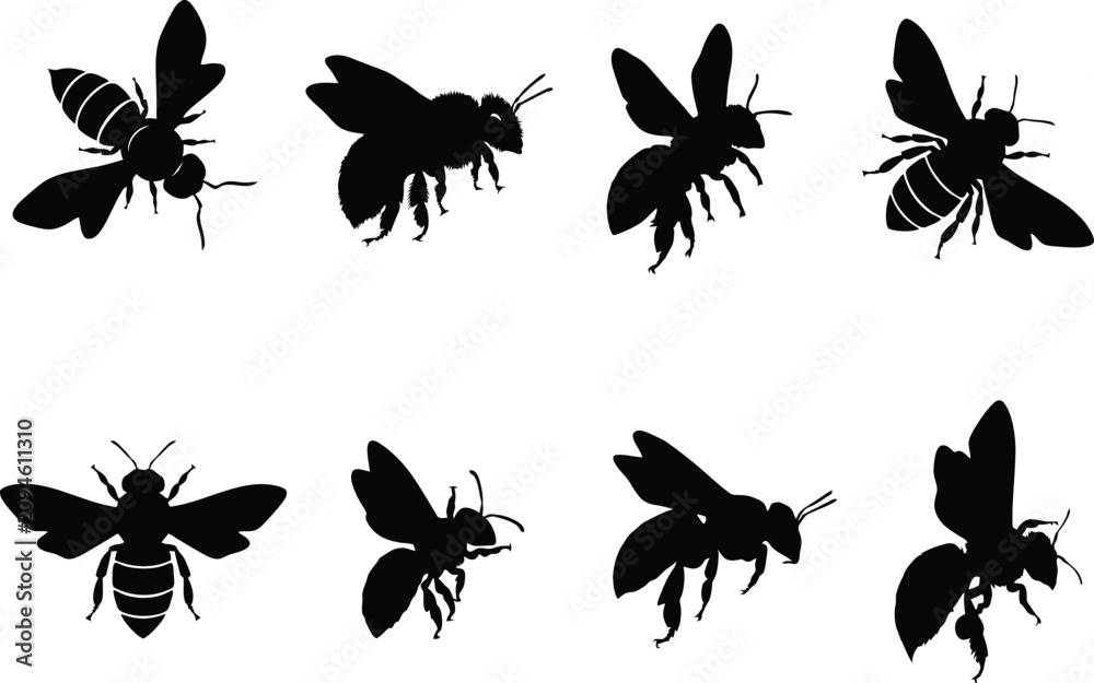 Fototapeta premium Flying Bee Silhouette Vector Collection Featuring Honey Bees Pollinator Insect Icons for Nature and Agriculture Design