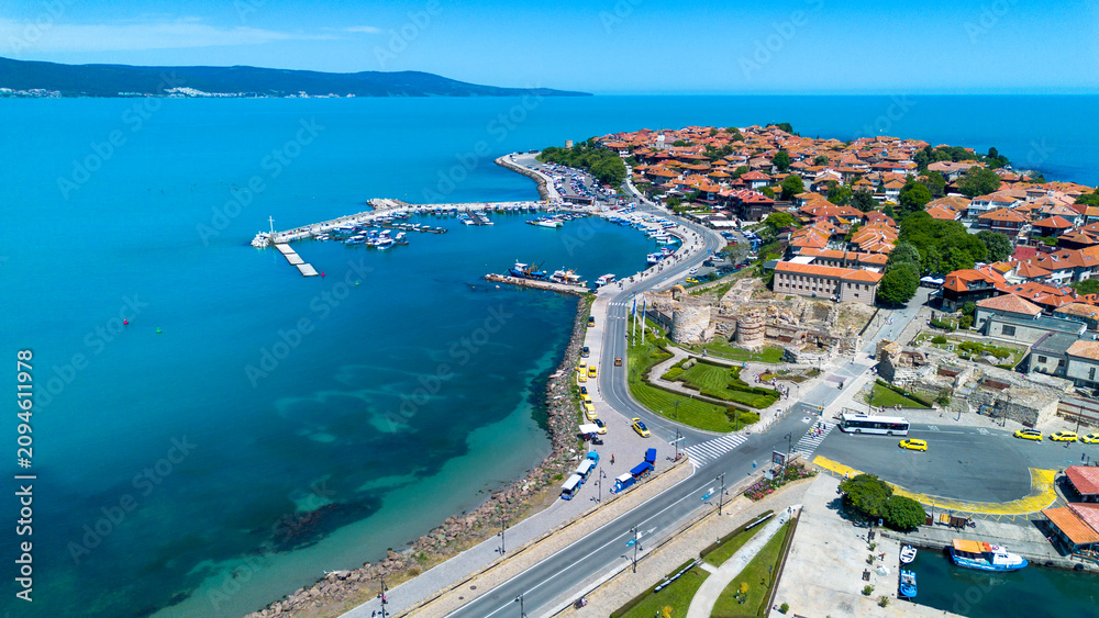 Fototapeta premium Aerial view of Nessebar ancient old town peninsula on the Black Sea coast in Bulgaria