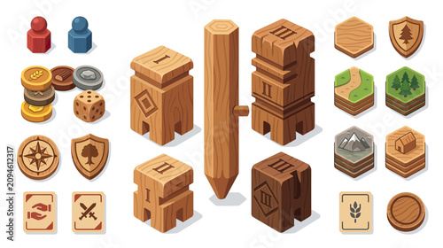 Fotografie Board Game Pieces: Wood Tokens, Shields, Cards, Dice & Pawns