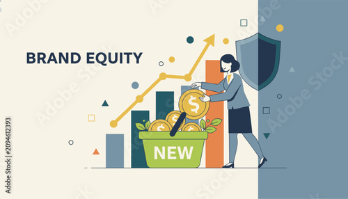 Businesswoman putting golden coin into shopping basket near rising chart representing brand equity concept.