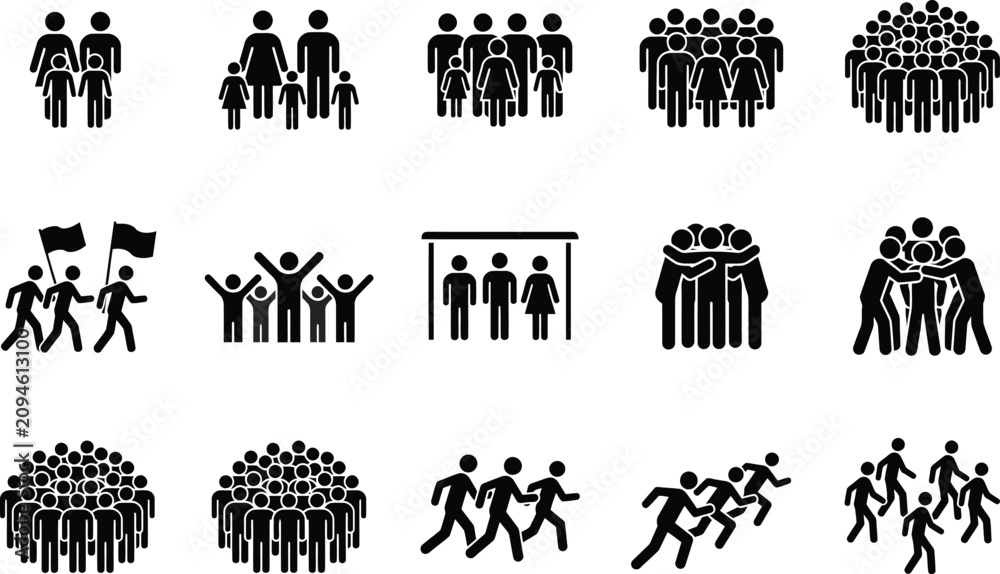 Naklejka premium People Silhouette Icon Collection with Family Crowd Teamwork Walking Running and Community Symbols Vector Set