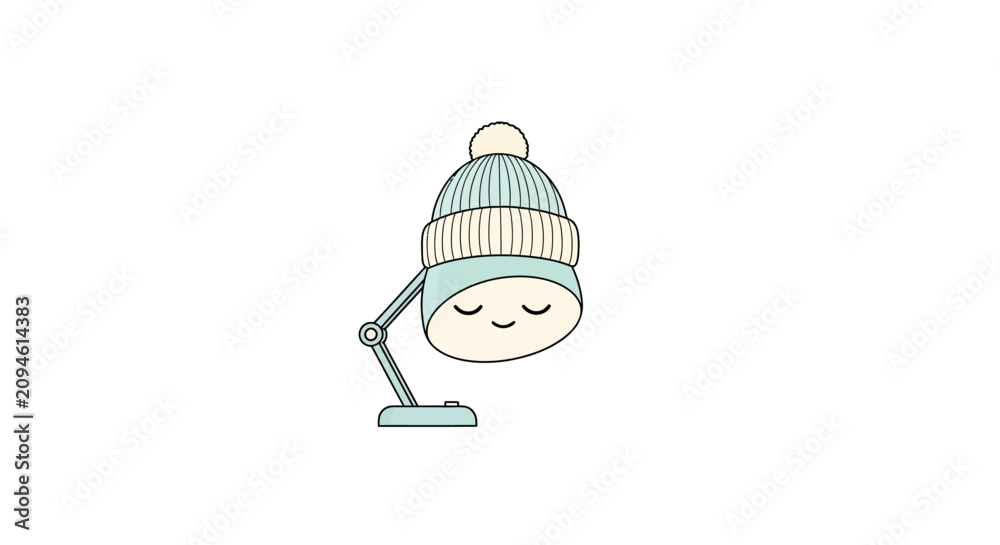 Fototapeta premium Cute desk lamp wearing a winter beanie hat, kawaii character, isolated on white background