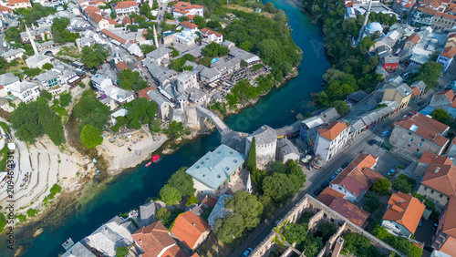 Canvastavla Top down aerial drone view of the historic Stari Most Mostar Old Bridge over Ner