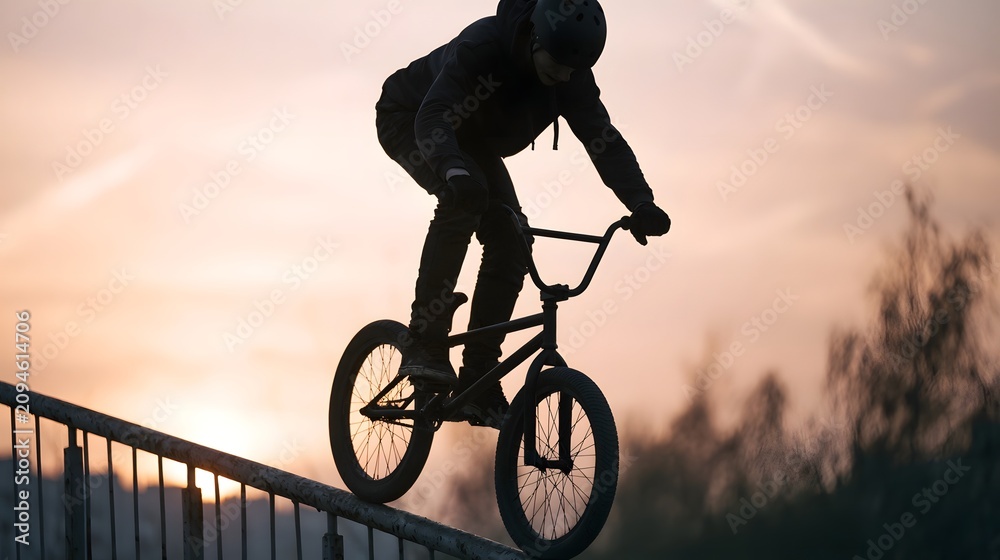 Obraz premium A person rides a BMX bike while balancing on a metal railing during sunset with an orange sky background