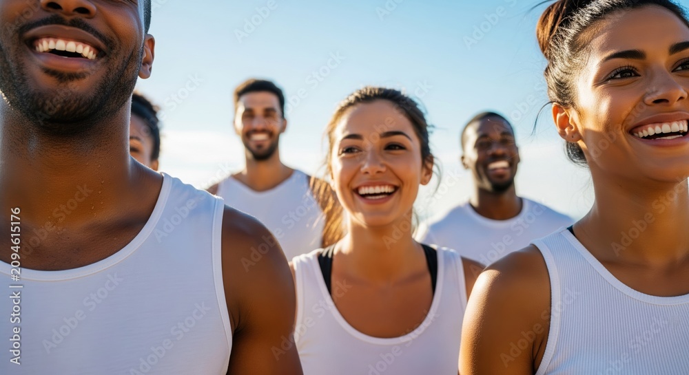 Obraz premium Group Of Happy Multiethnic Friends In White Tank Tops Smiling Brightly Against Clear Blue Sky