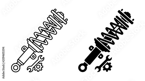 Automotive Shock Absorber with Coil Spring Vector Icon Set – Outline and Solid Black Glyph Car Suspension System Auto Parts Symbol