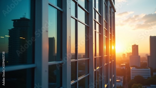 Modern office glass windows with golden sunset and city skyscraper view