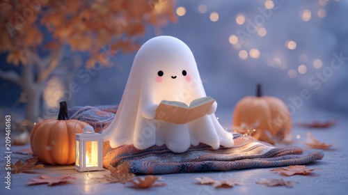 Cute ghost reading book on blanket, autumn halloween scene with pumpkins and lights.