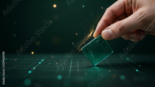 Hand holding a glowing green microchip above a digital grid representing sustainable technology and ecological innovation