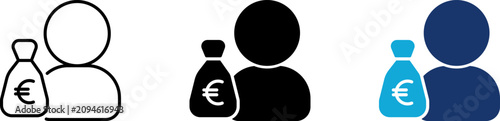 Photos Euro investor icon set, capitalist man with cash money sack, profile user wealth and financial salary symbol, banking commercial fund manager, line and flat color style graphic design