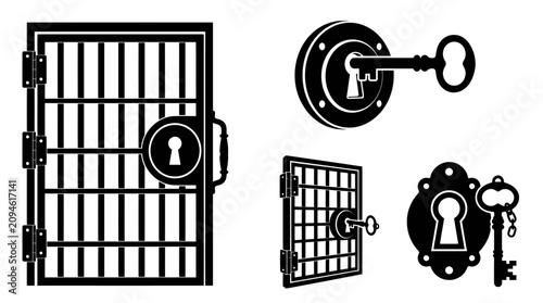 Obraz na płótnie Prison jail cell door and skeleton key lock icons.