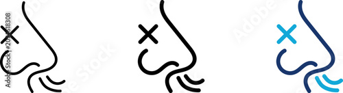 Foto Loss of smell icon set, human nose with cross mark and breathing air waves, anosmia symptom or nasal congestion, medical respiratory illness, line and flat color style illustration graphic