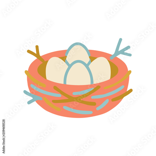 Colorful illustration of eggs in nest.