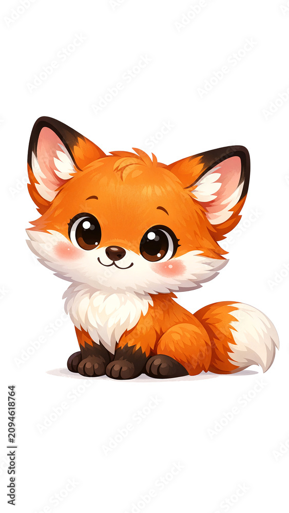 Fototapeta premium Adorable red fox cub with white chest and black nose, sitting on all fours.