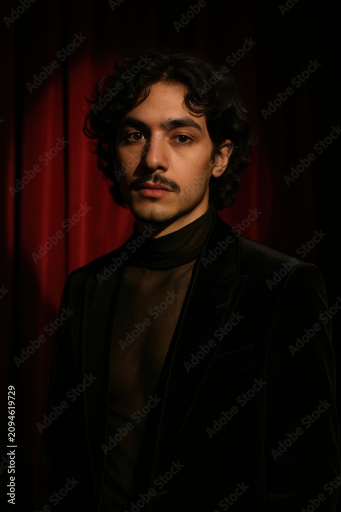 Obraz premium Portrait of a handsome young man in black velvet blazer with red curtain background