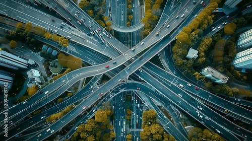 Aerial city highway interchange, complex road system.